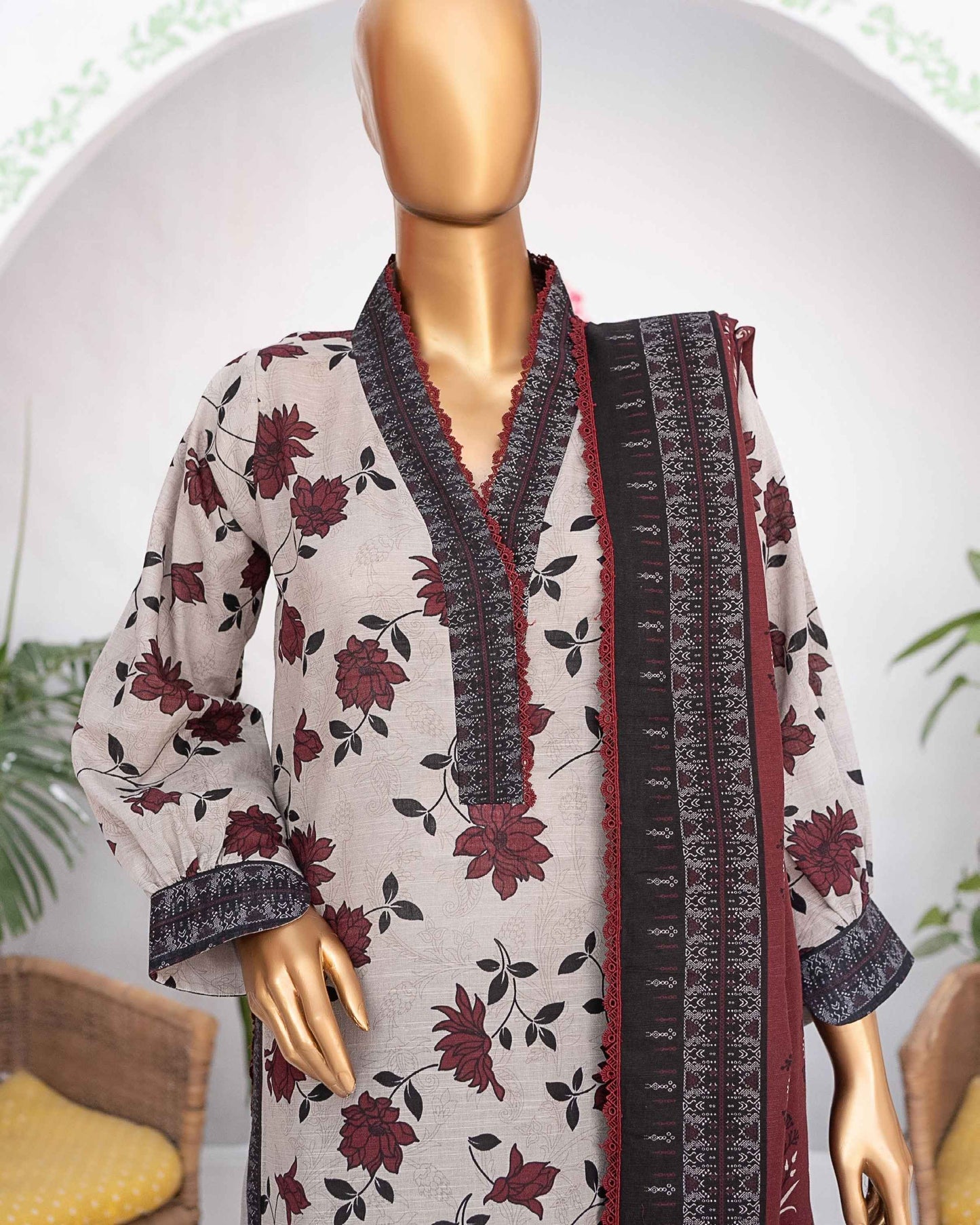 Mehak Khaddar 3Piece Suit – Beige Burgundy Floral Print