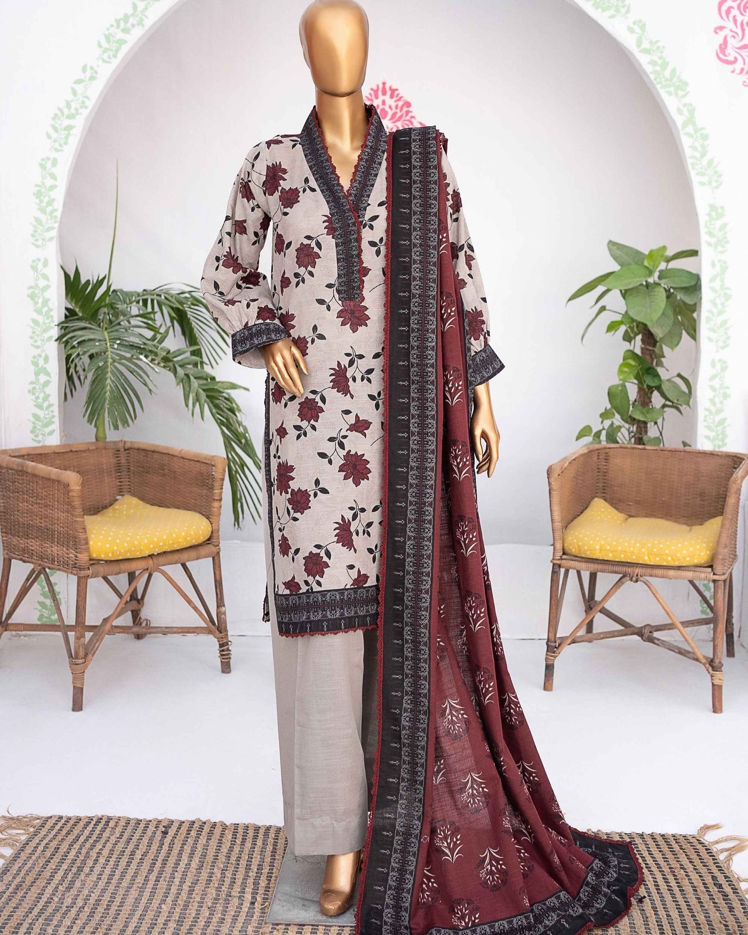Mehak Khaddar 3Piece Suit – Beige Burgundy Floral Print
