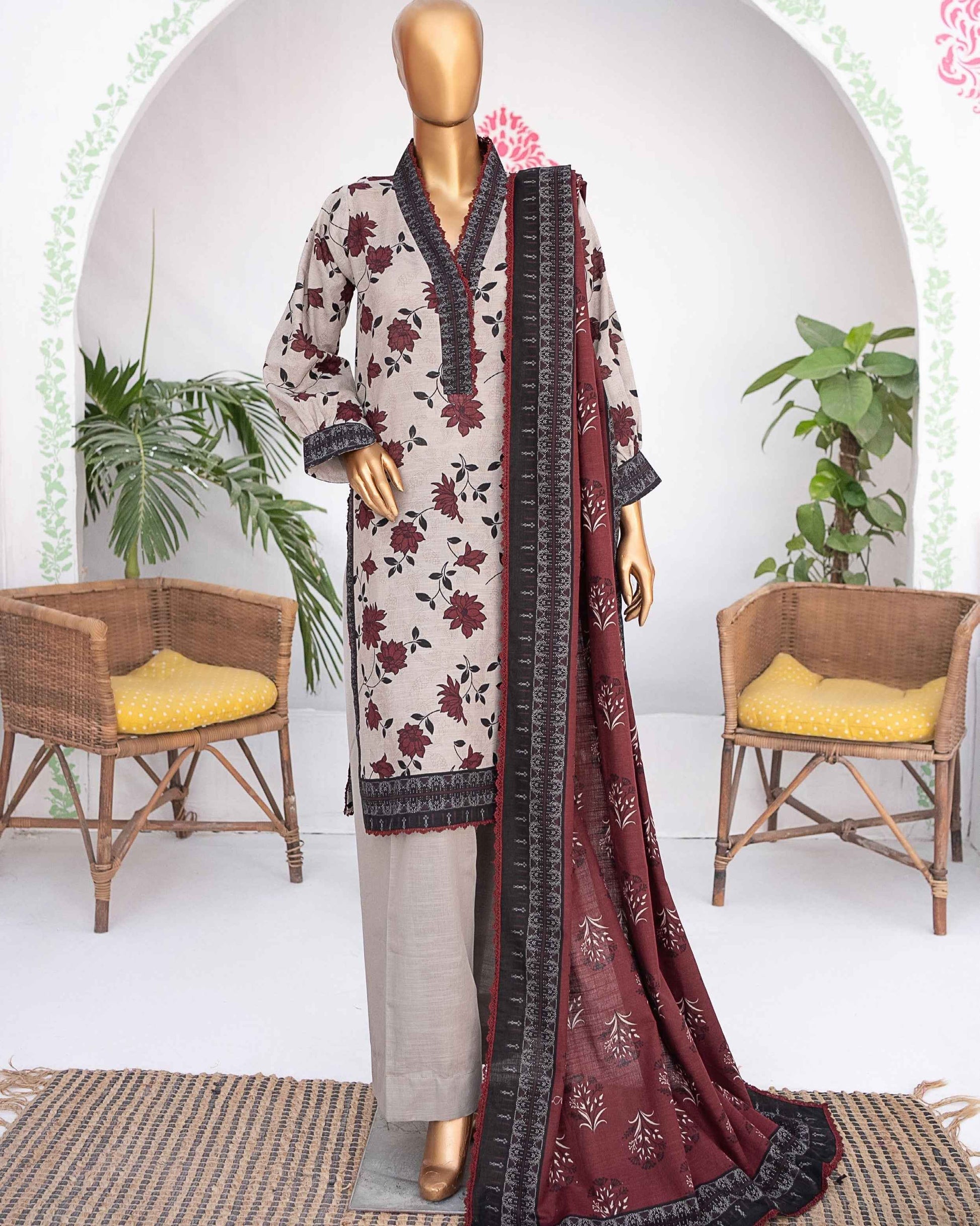 Mehak Khaddar 3Piece Suit – Beige Burgundy Floral Print