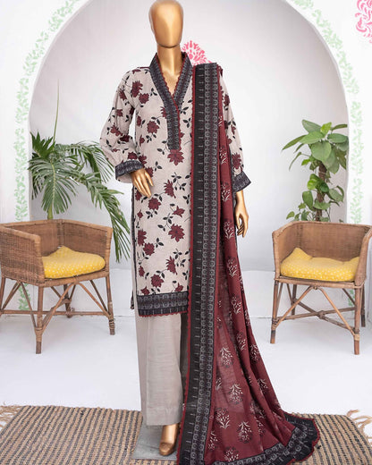 Mehak Khaddar 3Piece Suit – Beige Burgundy Floral Print