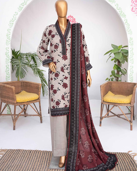 Mehak Khaddar 3Piece Suit – Beige Burgundy Floral Print
