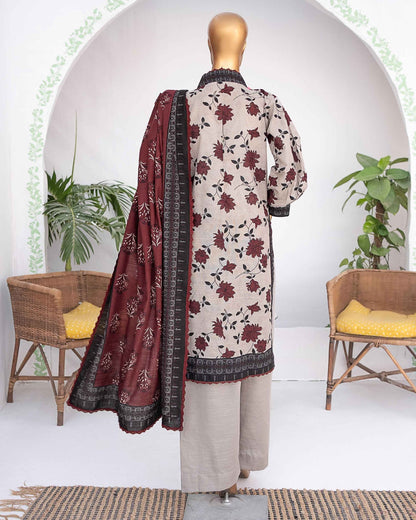 Mehak Khaddar 3Piece Suit – Beige Burgundy Floral Print