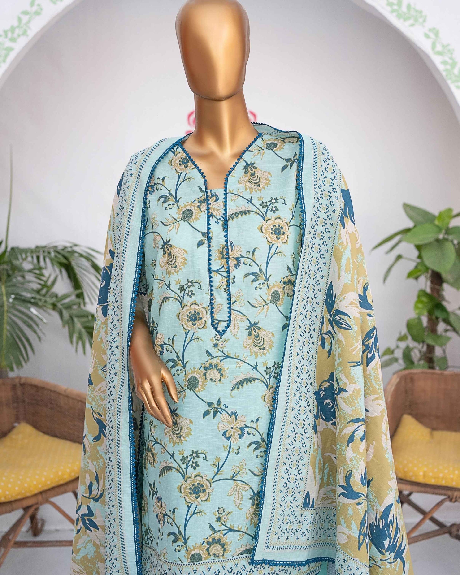Mehak Khaddar 3Piece Suit – Aqua Floral Print