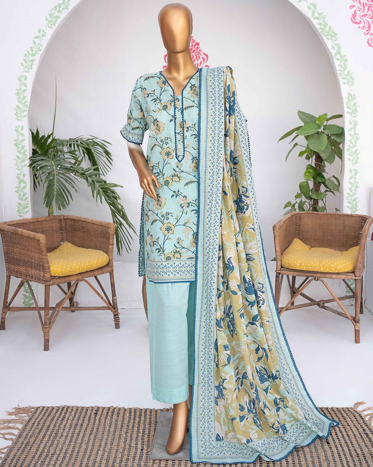Mehak Khaddar 3Piece Suit – Aqua Floral Print