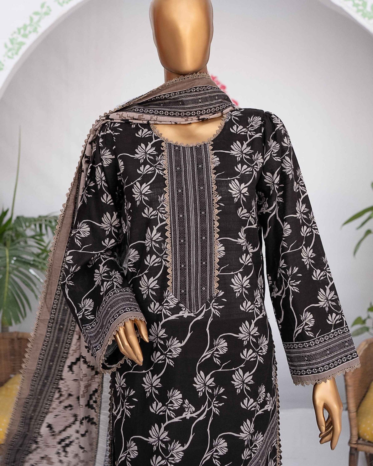 Mehak Khaddar 3Piece Suit – Black Monochrome Floral Print