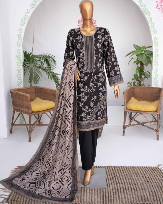 Mehak Khaddar 3Piece Suit – Black Monochrome Floral Print