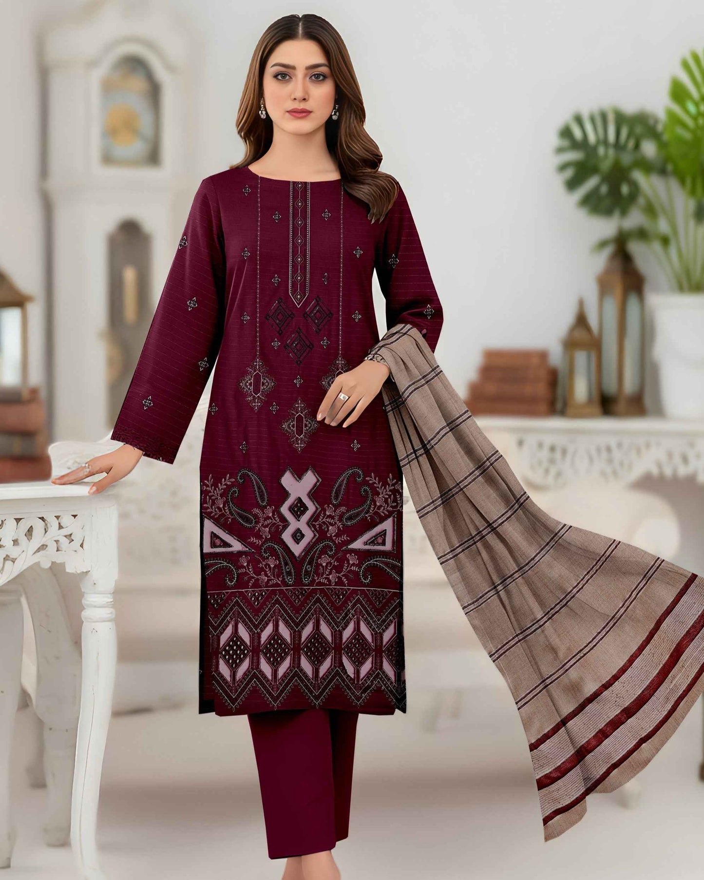 Queen Bana Dora Dhanak Embroidered 3Piece Suit by Faria