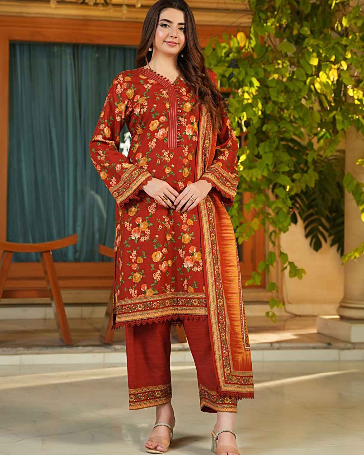 Salina Khaddar 3PC Suit – Rust Floral Print