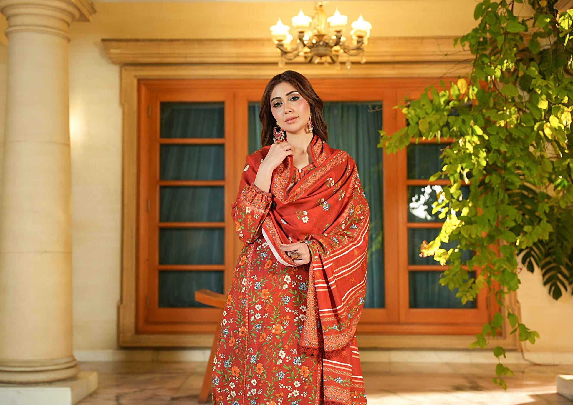 Salina Khaddar 3PC Suit – Brick Red Floral Print