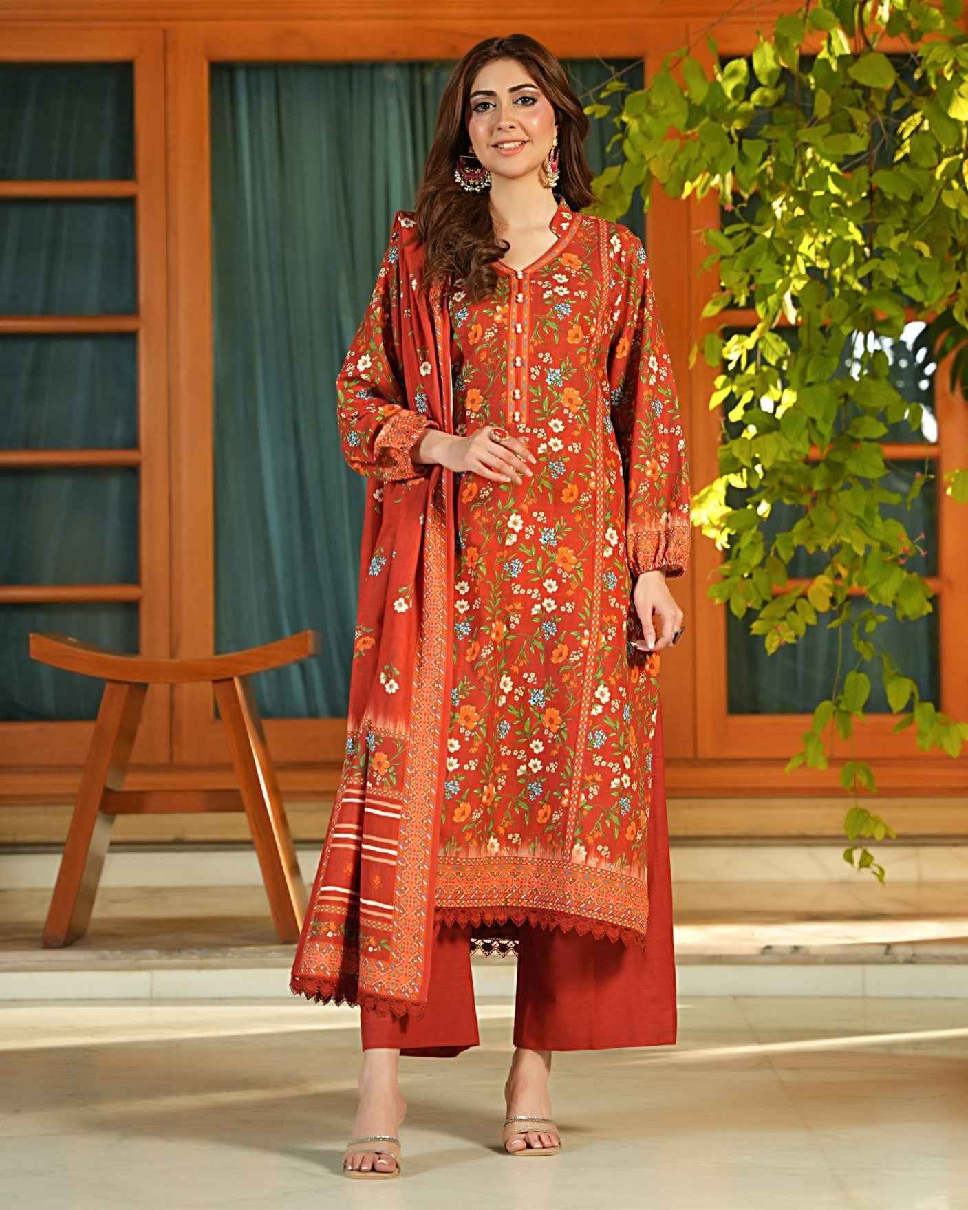 Salina Khaddar 3PC Suit – Brick Red Floral Print