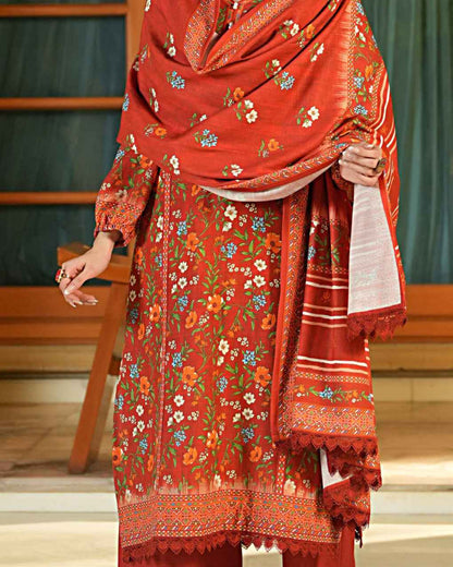 Salina Khaddar 3PC Suit – Brick Red Floral Print