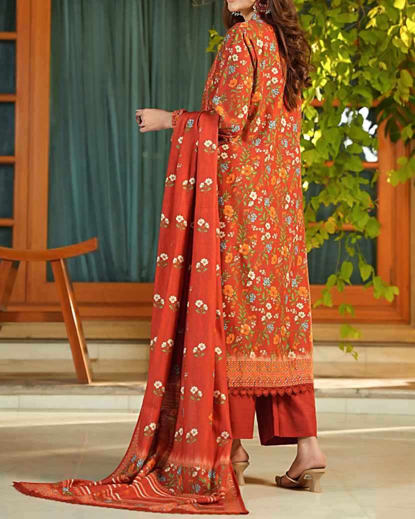 Salina Khaddar 3PC Suit – Brick Red Floral Print