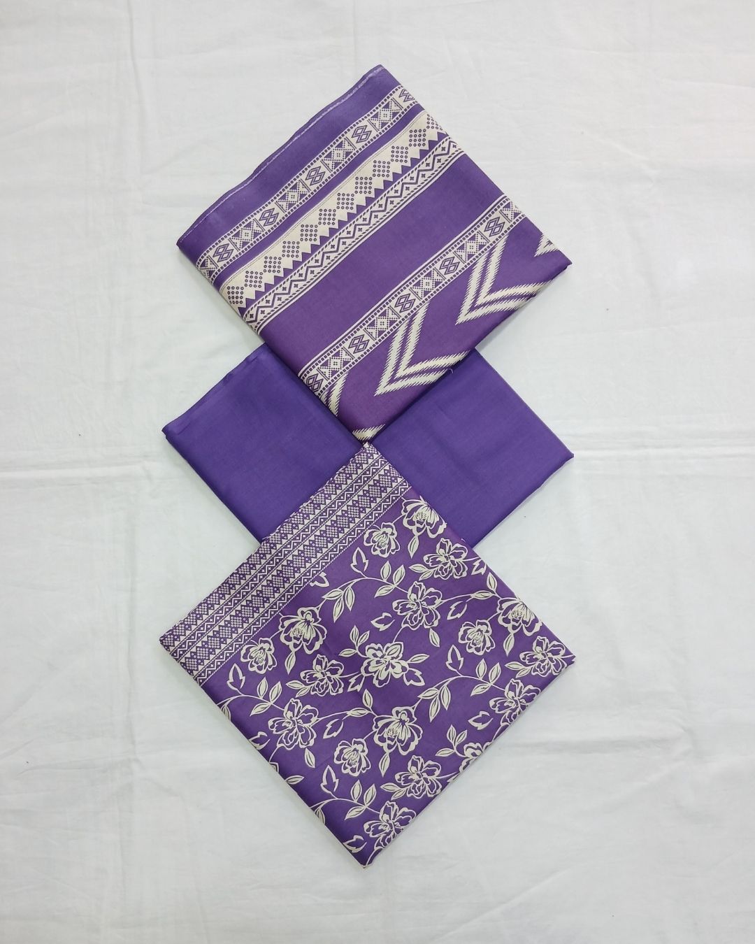 Purple floral geometric cotton 3pc suit by Ajwa Textiles