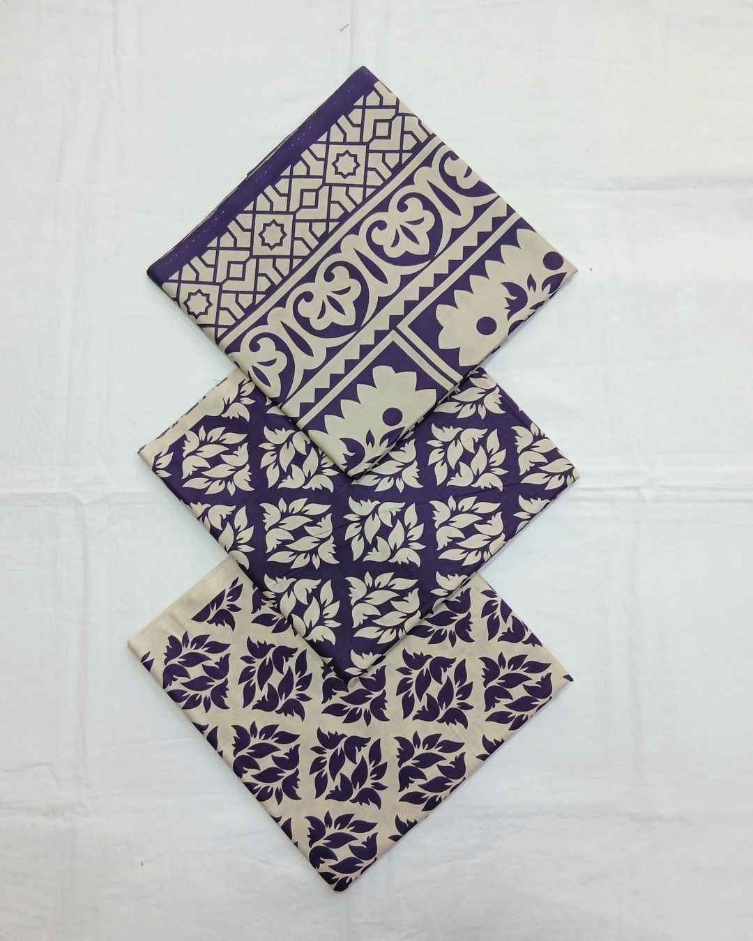Cream and purple leaf printed cotton 3pc suit by Ajwa Textiles