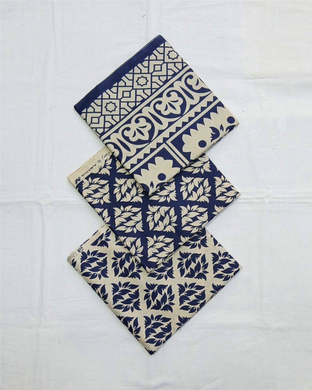 Cream and navy leaf printed cotton 3pc suit by Ajwa Textiles
