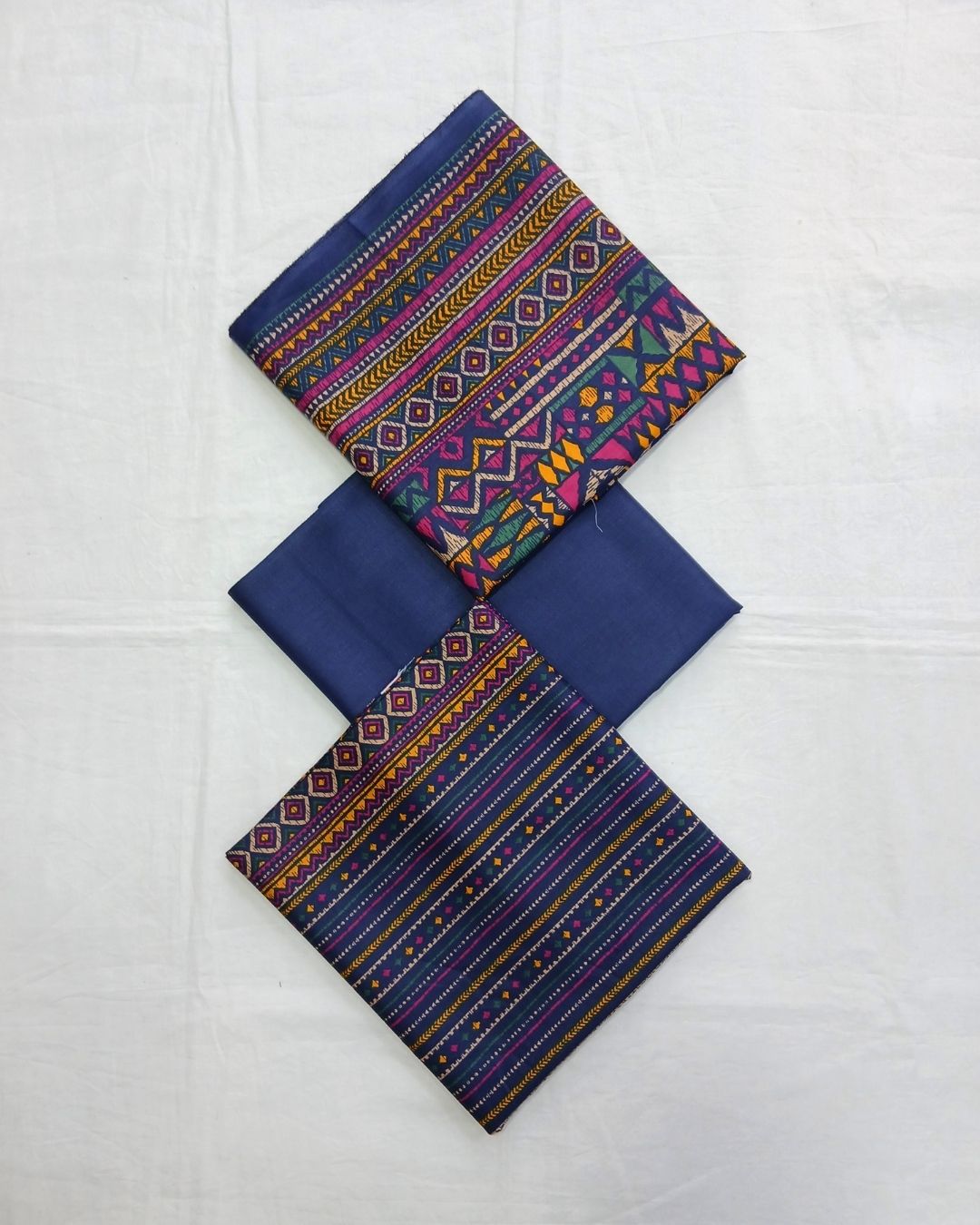Blue tribal printed cotton 3pc suit by Ajwa Textiles