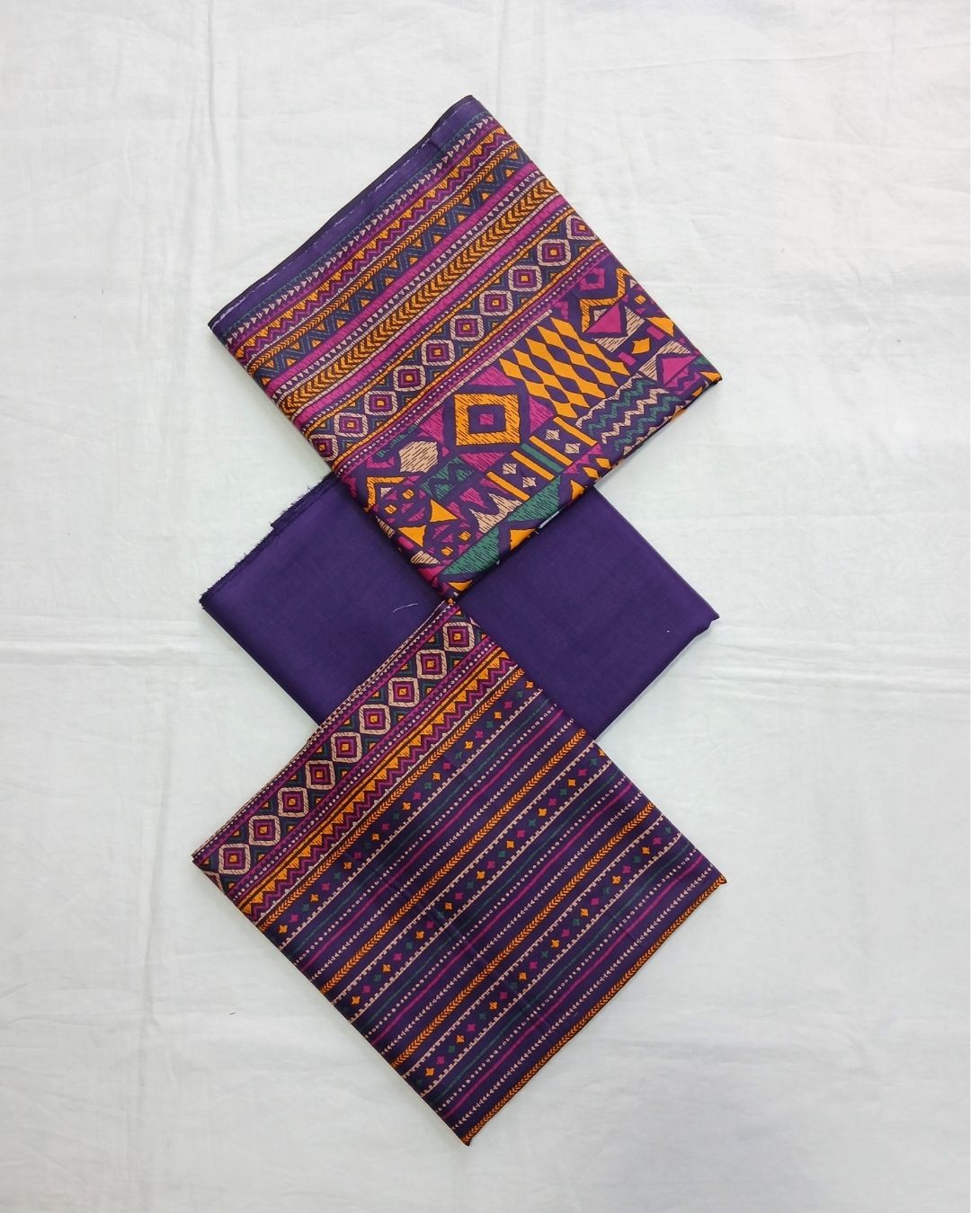 Purple tribal printed cotton 3pc suit by Ajwa Textiles